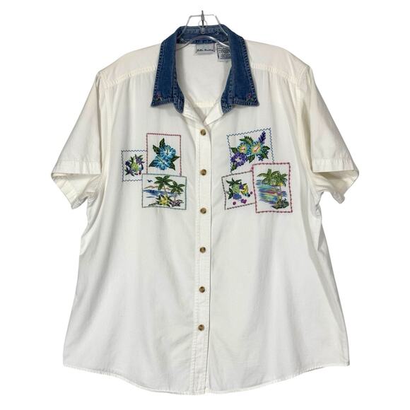 VTG Bobbie Brooks Button Shirt XL Wht/Denim Embroidered Cottage Western Tropical - Picture 1 of 14